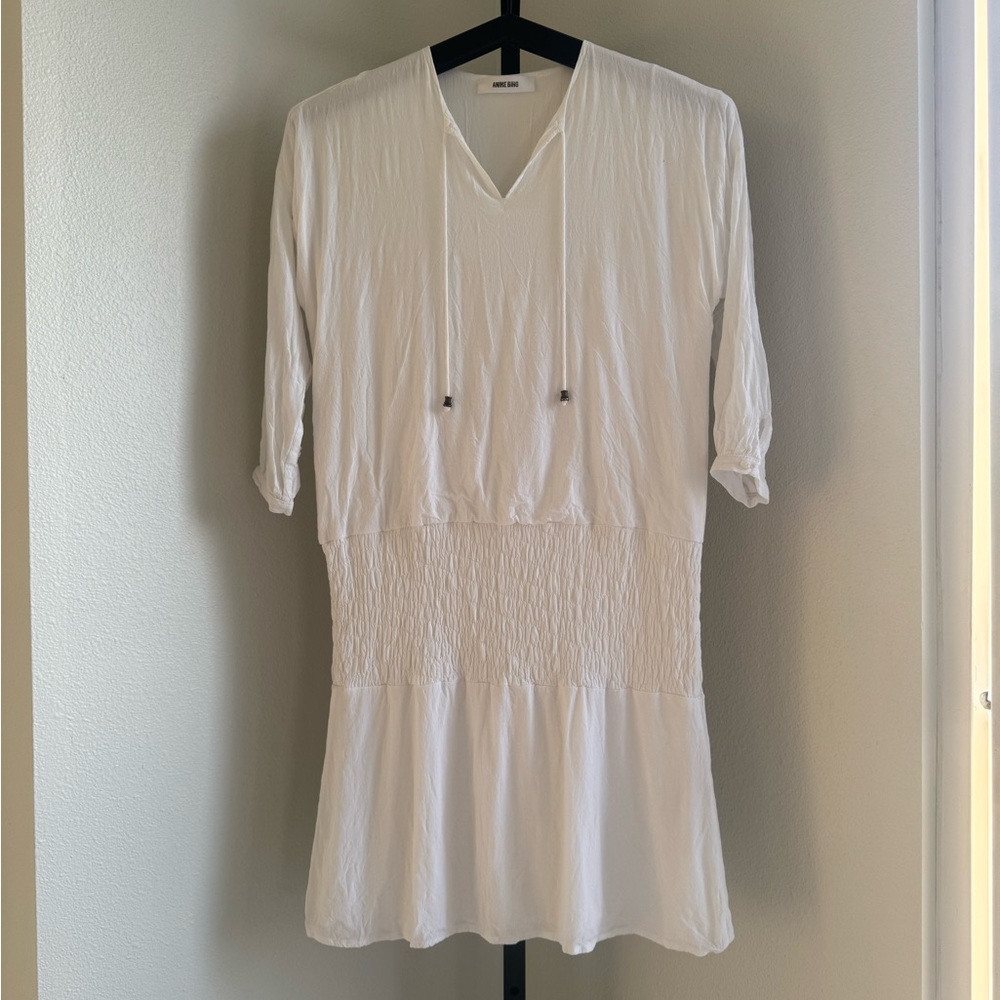 ANINE BING White V-Neck Dress with Drawstring